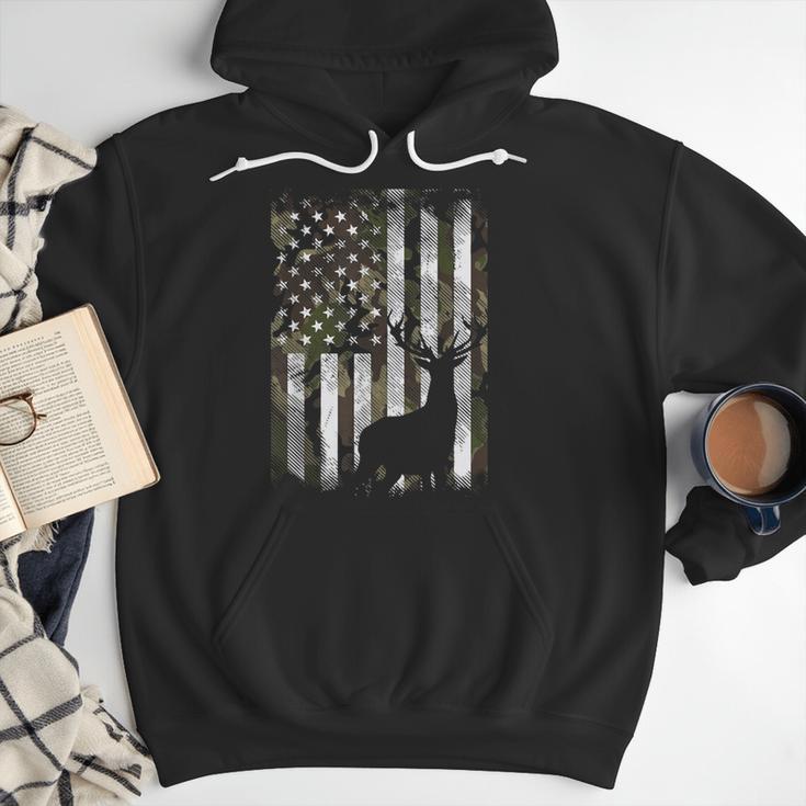 Camo US Flag Deer Elk Buck Camoflage Hunting Hunter Dad Short Sleeve Men Hoodie