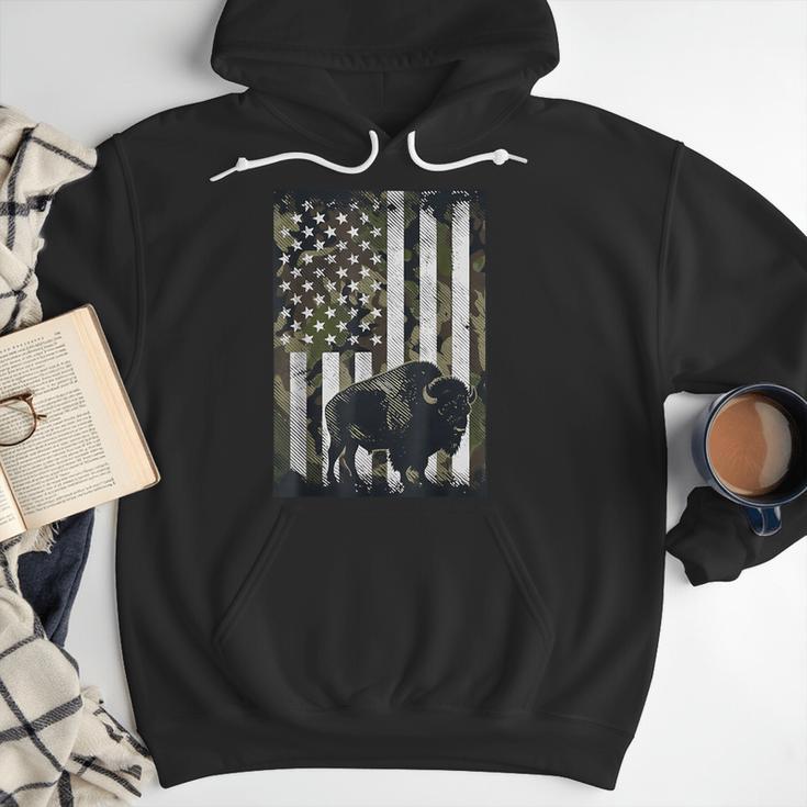 Camo USA Flag Bison Camouflage Hunting Wildlife Hunter Dad Men Hoodie
