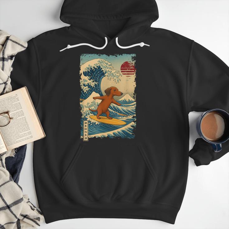 Dachshund Doxie Japanese Kanagawa Wave Surfing Japan Mom Dad Men Hoodie