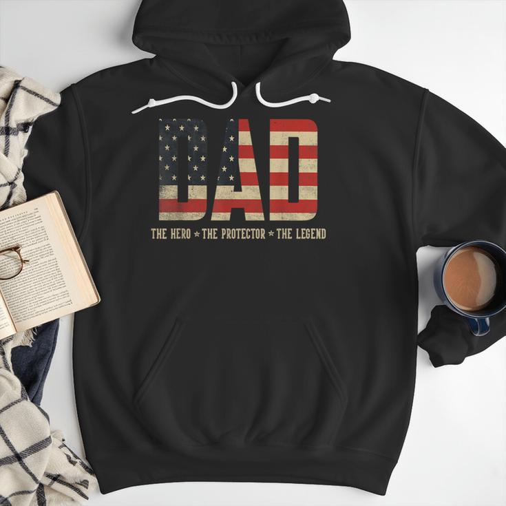 Dad Protector Hero Legend USA Flag Dad Father's Day Men Hoodie