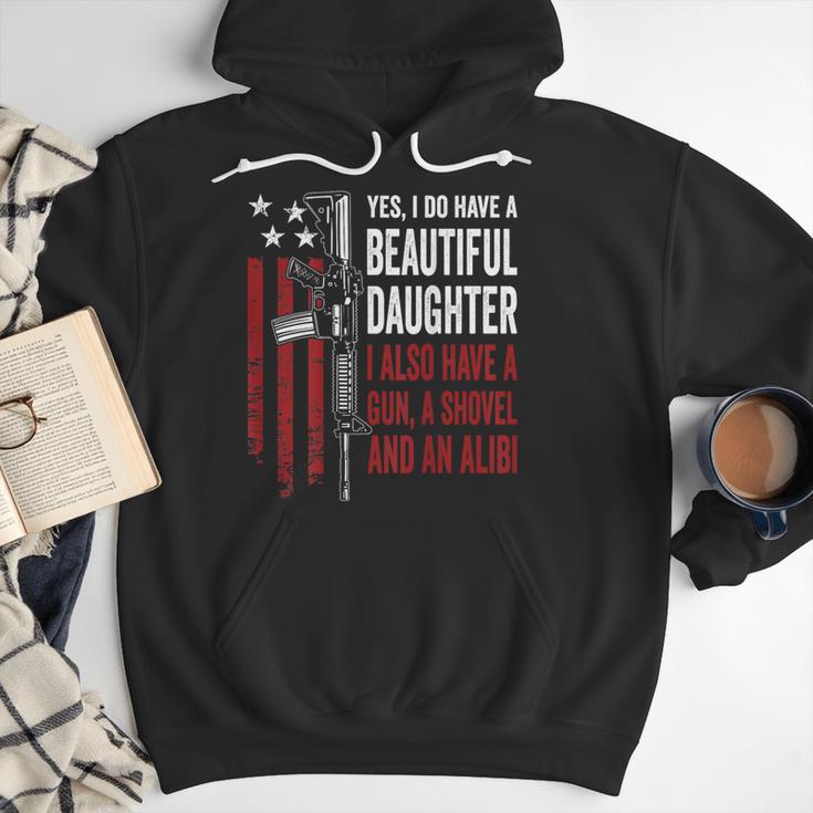 Daughter Gun Shovel Alibi Mom Dad Guns Joke -ON Back Men Hoodie