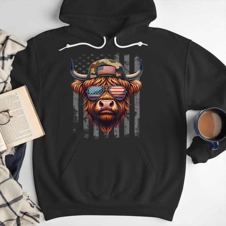 Highland Cow 4th July USA Flag Dad Father America Men Boys Men Hoodie Highland Cow 4th July USA Flag Dad Father America Men Boys Men Hoodie