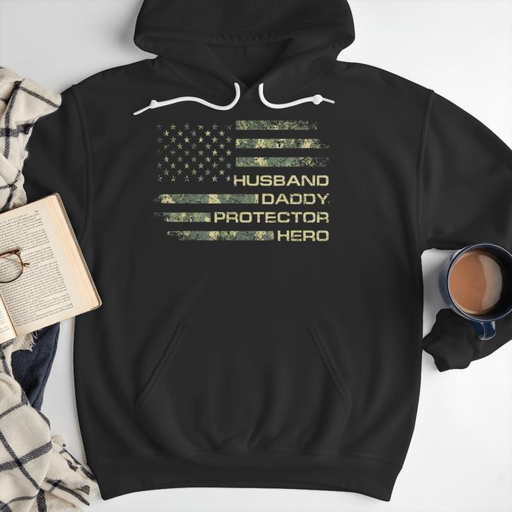 Husband Daddy Protector Hero Fathers Day Camo American Flag Men Hoodie