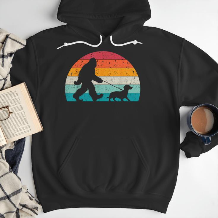 Retro Sasquatch Lover Doxie Wiener Dog Walker Bigfoot Walking a Dog Dachshund Weiner Dog Dad Weenie Small Men Hoodie