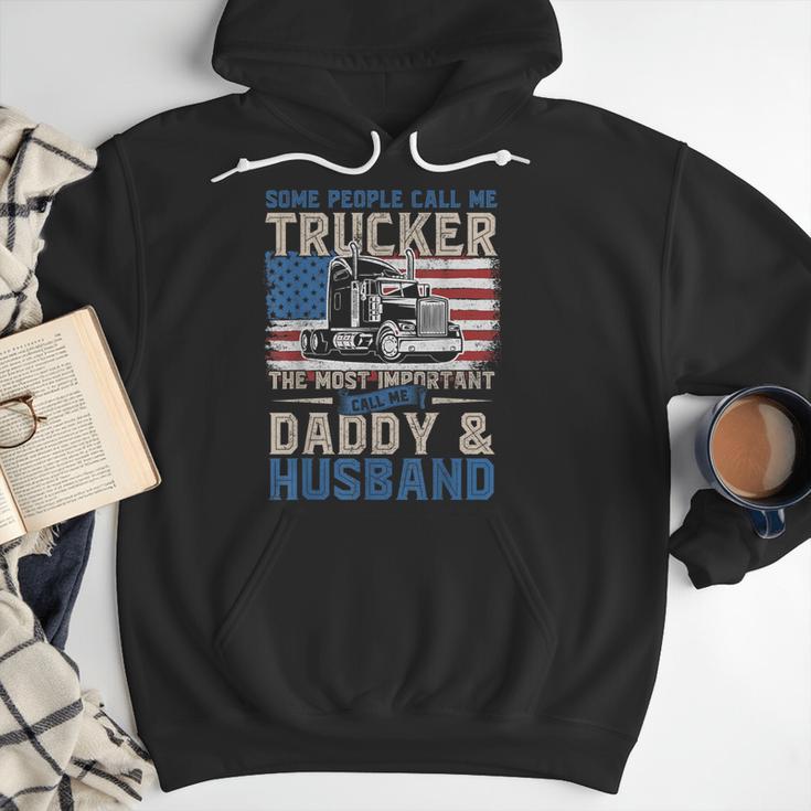 Semi Truck Driver Trucker Daddy Husband US American Flag Men Hoodie