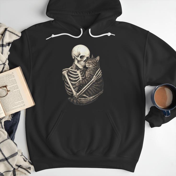 Skeleton Hugging Cat Halloween Cat Lover Cat Mom Dad Men Hoodie
