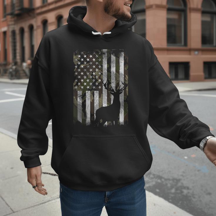 Camo US Flag Deer Elk Buck Camoflage Hunting Hunter Dad Short Sleeve Men Hoodie