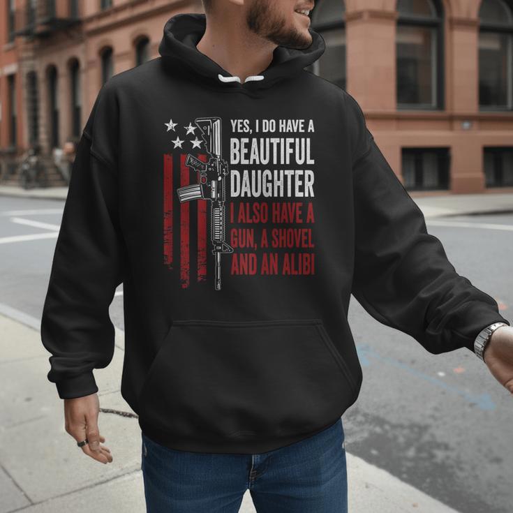 Daughter Gun Shovel Alibi Mom Dad Guns Joke -ON Back Men Hoodie