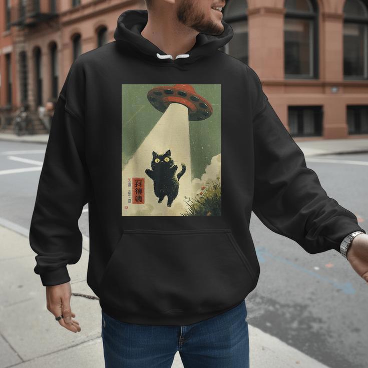 Vintage Japanese Cat Alien Cat Dad UFO Abduction Graphic Tee Men Hoodie