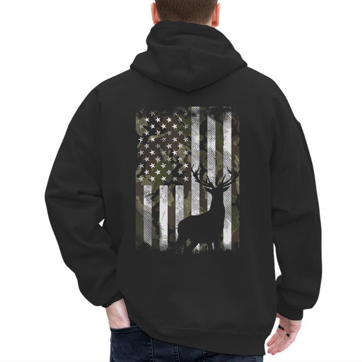 Camo US Flag Deer Elk Buck Camoflage Hunting Hunter Dad Short Sleeve Men's Hoodie Back Print