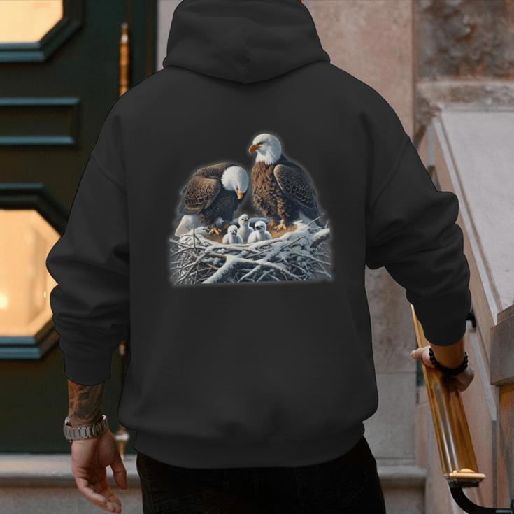 Bald Eagle Dad Mom Three Eaglet Chicks Babies In The Nest Men's Hoodie Back Print