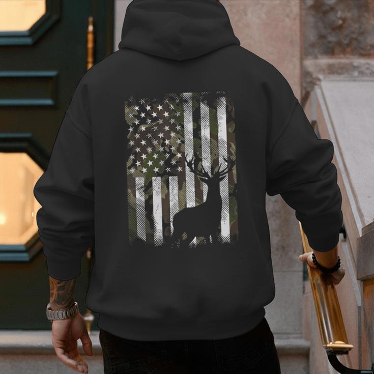 Camo US Flag Deer Elk Buck Camoflage Hunting Hunter Dad Short Sleeve Men's Hoodie Back Print