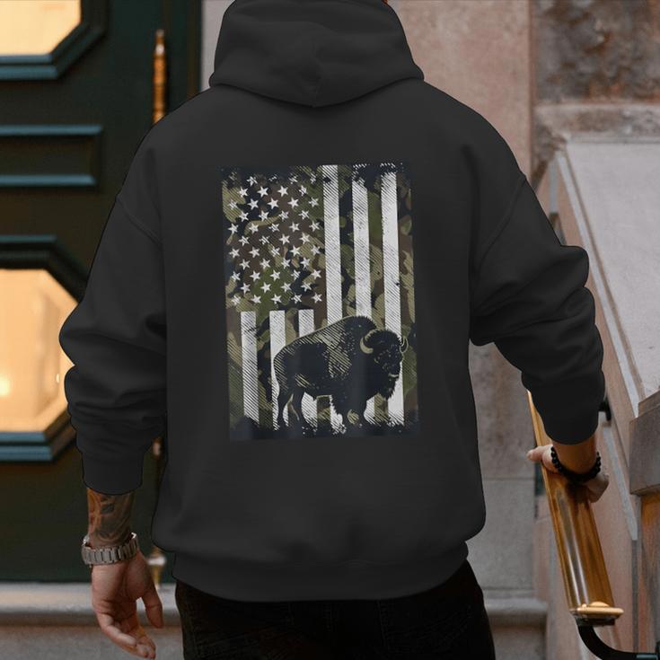Camo USA Flag Bison Camouflage Hunting Wildlife Hunter Dad Men's Hoodie Back Print