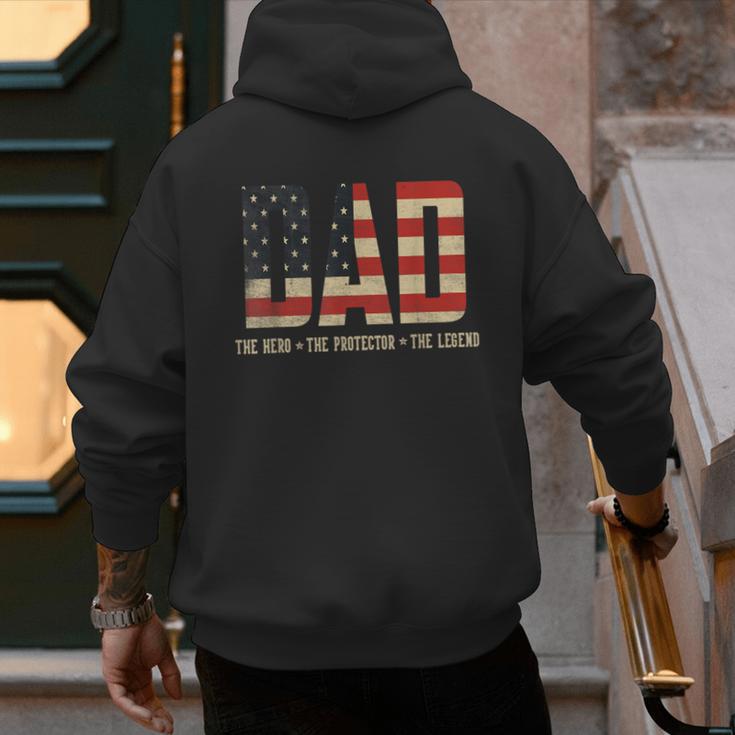 Dad Protector Hero Legend USA Flag Dad Father's Day Men's Hoodie Back Print