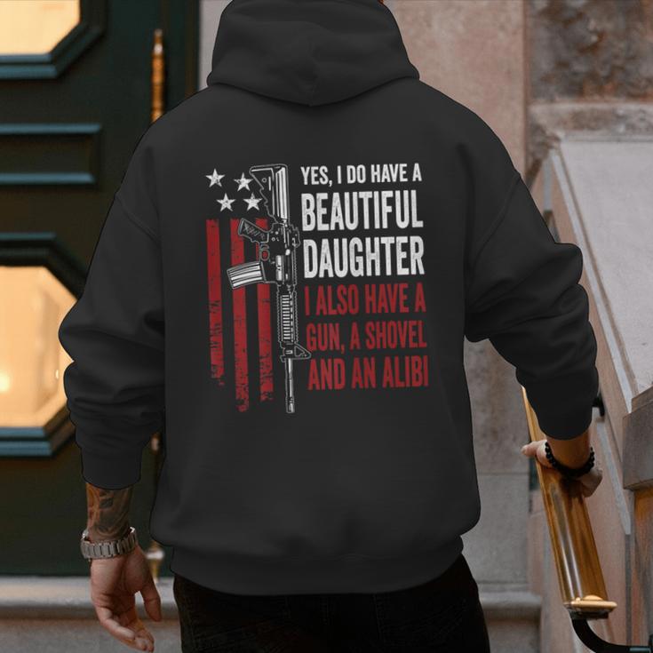Daughter Gun Shovel Alibi Mom Dad Guns Joke -ON Back Men's Hoodie Back Print