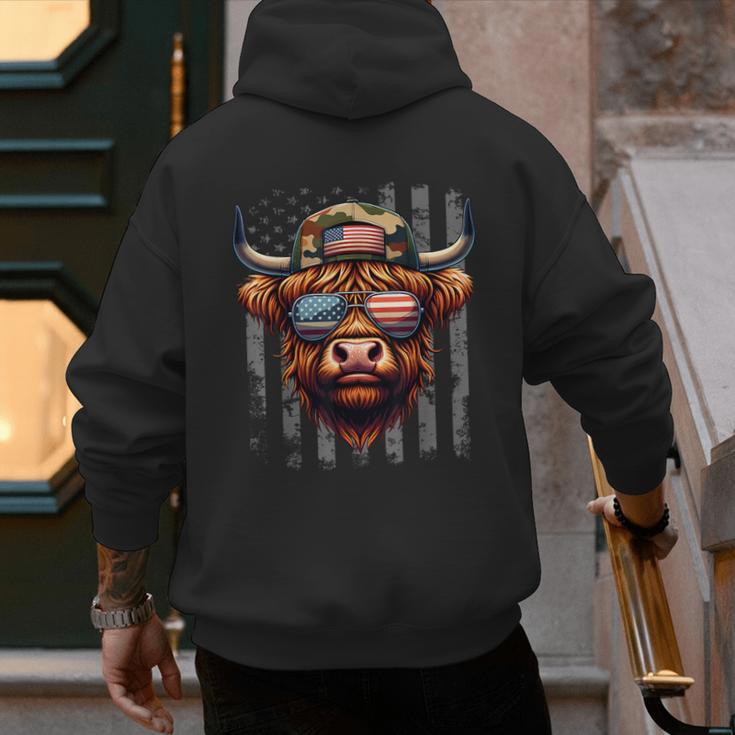 Highland Cow 4th July USA Flag Dad Father America Men Boys Men's Hoodie Back Print