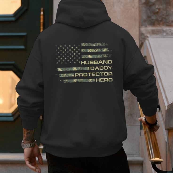 Husband Daddy Protector Hero Fathers Day Camo American Flag Men's Hoodie Back Print
