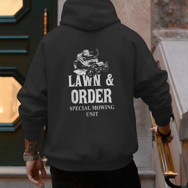 Lawn & Order Special Mowing Unit Dad Joke Lawn Mower Men's Hoodie Back Print