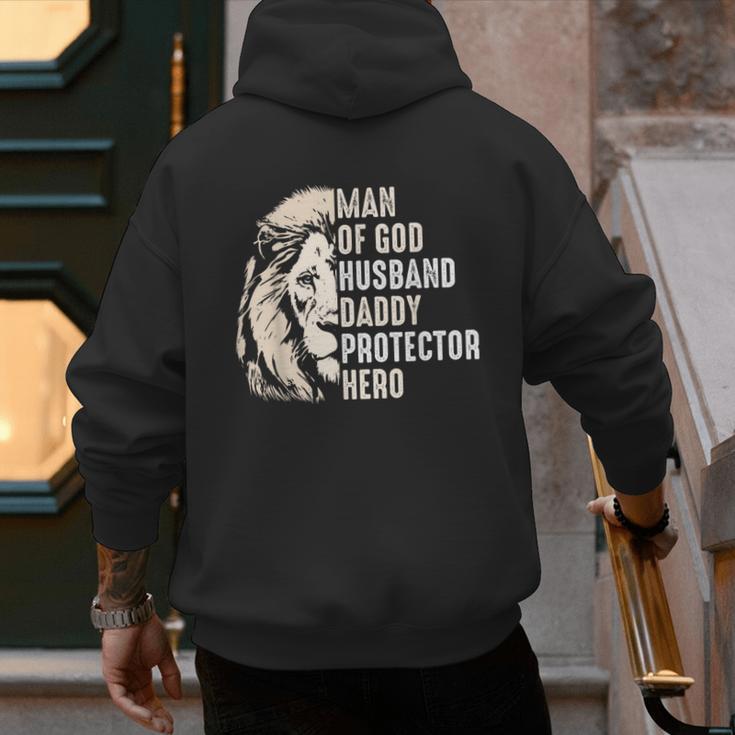 Man Of God Husband Daddy Protector Hero Lion Father's Day Men's Hoodie Back Print