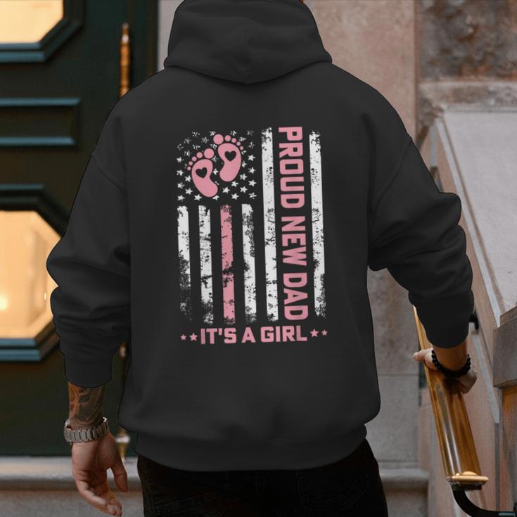 Proud New Dad New Girl Baby First Fathers Day American Flag Men's Hoodie Back Print