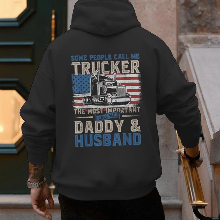Semi Truck Driver Trucker Daddy Husband US American Flag Men's Hoodie Back Print