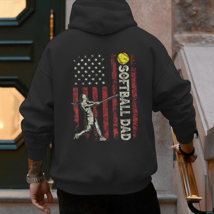Softball Dad US Flag For Dad Men Patriotic Fathers Day Men's Hoodie Back Print