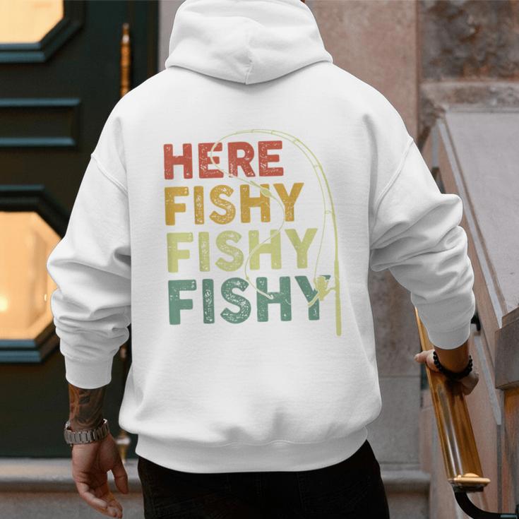 Fishing Here-Fishy Bass Fish Dad Men's Hoodie Back Print Fishing Here-Fishy Bass Fish Dad Men's Hoodie Back Print