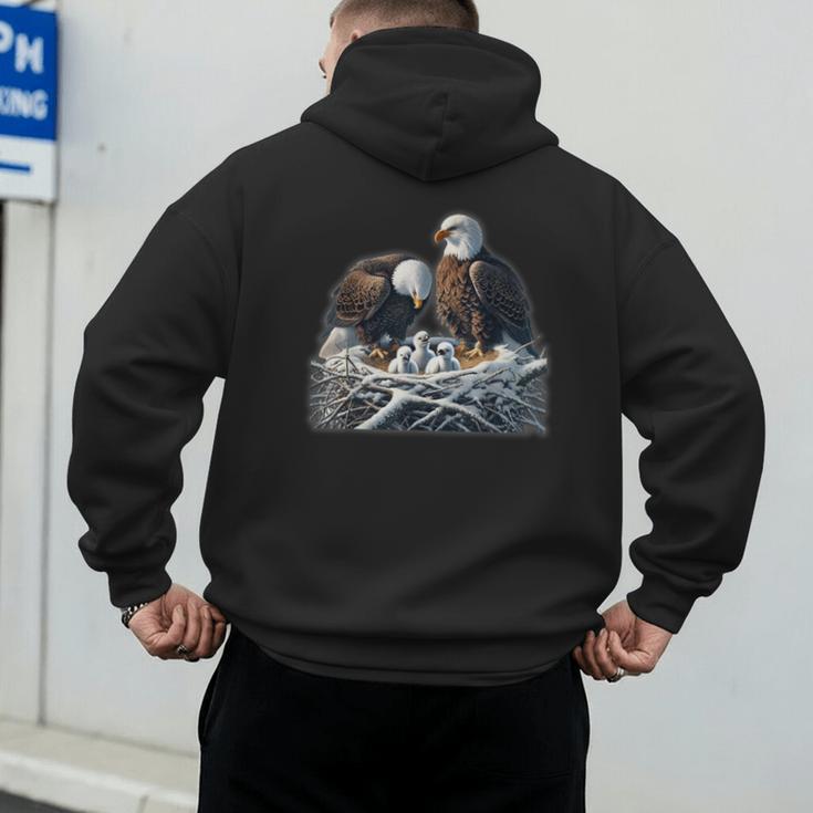 Bald Eagle Dad Mom Three Eaglet Chicks Babies In The Nest Men's Hoodie Back Print
