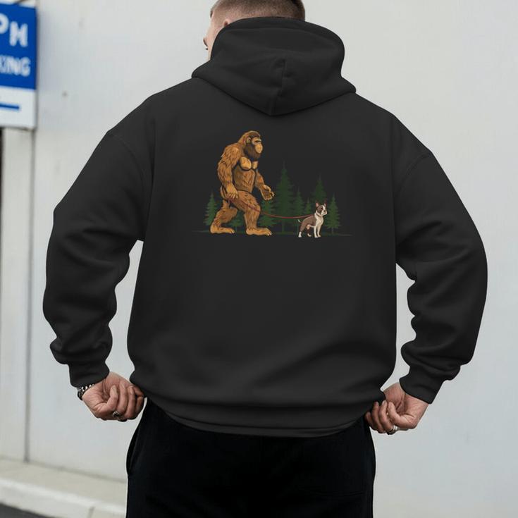 Boston Terrier Bigfoot Dog Walking Dog Mom Dad Kids Men's Hoodie Back Print