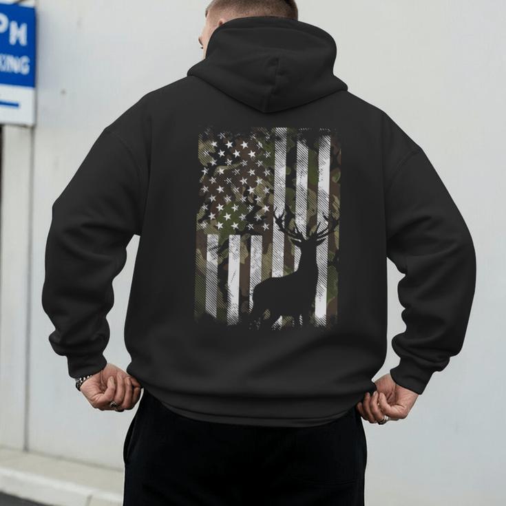 Camo US Flag Deer Elk Buck Camoflage Hunting Hunter Dad Short Sleeve Men's Hoodie Back Print