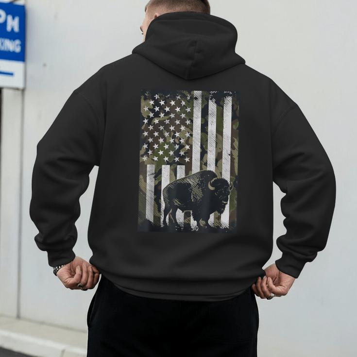Camo USA Flag Bison Camouflage Hunting Wildlife Hunter Dad Men's Hoodie Back Print