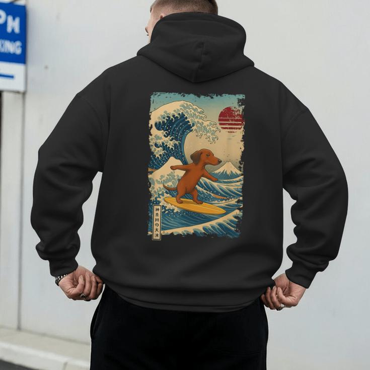 Dachshund Doxie Japanese Kanagawa Wave Surfing Japan Mom Dad Men's Hoodie Back Print Dachshund Doxie Japanese Kanagawa Wave Surfing Japan Mom Dad Men's Hoodie Back Print