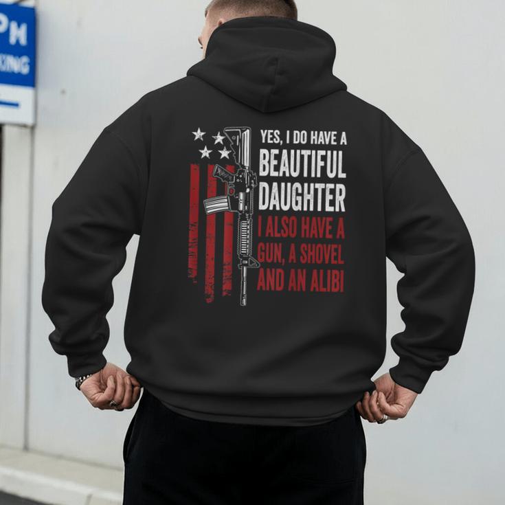 Daughter Gun Shovel Alibi Mom Dad Guns Joke -ON Back Men's Hoodie Back Print