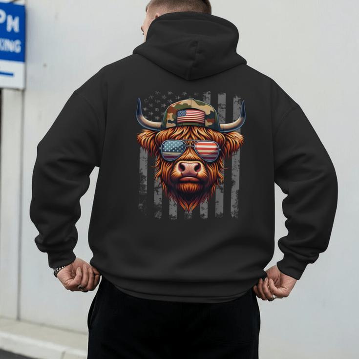 Highland Cow 4th July USA Flag Dad Father America Men Boys Men's Hoodie Back Print