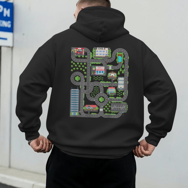 Kid Play Cars On Dad Back Race Track Mat Fathers Day Men's Hoodie Back Print