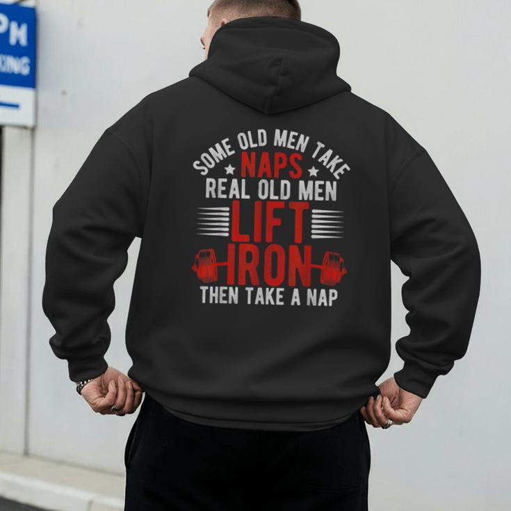 Old Men Gag Workout Gym Fitness Exercise Weightlifting Dad Men's Hoodie Back Print