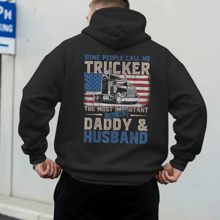 Semi Truck Driver Trucker Daddy Husband US American Flag Men's Hoodie Back Print
