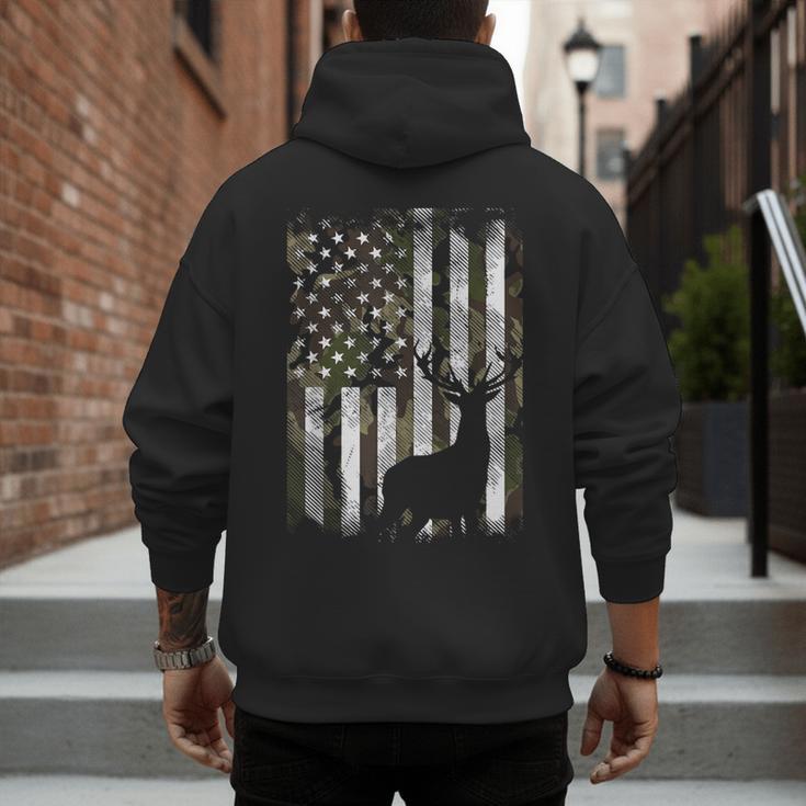 Camo US Flag Deer Elk Buck Camoflage Hunting Hunter Dad Short Sleeve Men's Hoodie Back Print