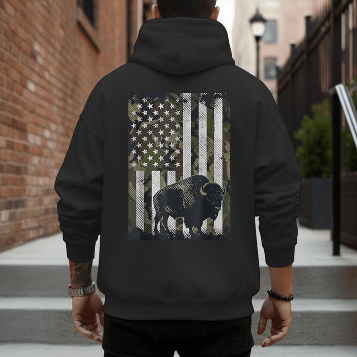 Camo USA Flag Bison Camouflage Hunting Wildlife Hunter Dad Men's Hoodie Back Print