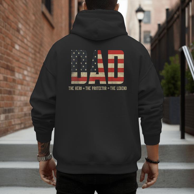 Dad Protector Hero Legend USA Flag Dad Father's Day Men's Hoodie Back Print