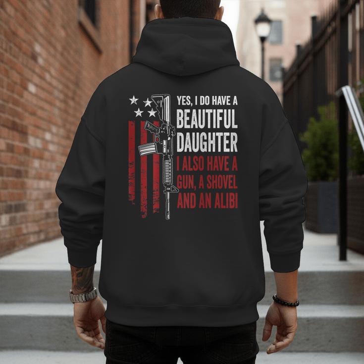 Daughter Gun Shovel Alibi Mom Dad Guns Joke -ON Back Men's Hoodie Back Print