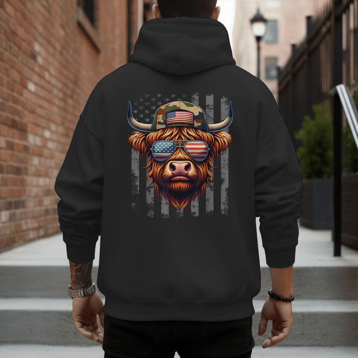 Highland Cow 4th July USA Flag Dad Father America Men Boys Men's Hoodie Back Print