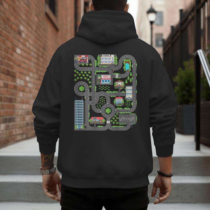 Kid Play Cars On Dad Back Race Track Mat Fathers Day Men's Hoodie Back Print