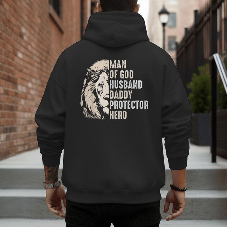 Man Of God Husband Daddy Protector Hero Lion Father's Day Men's Hoodie Back Print