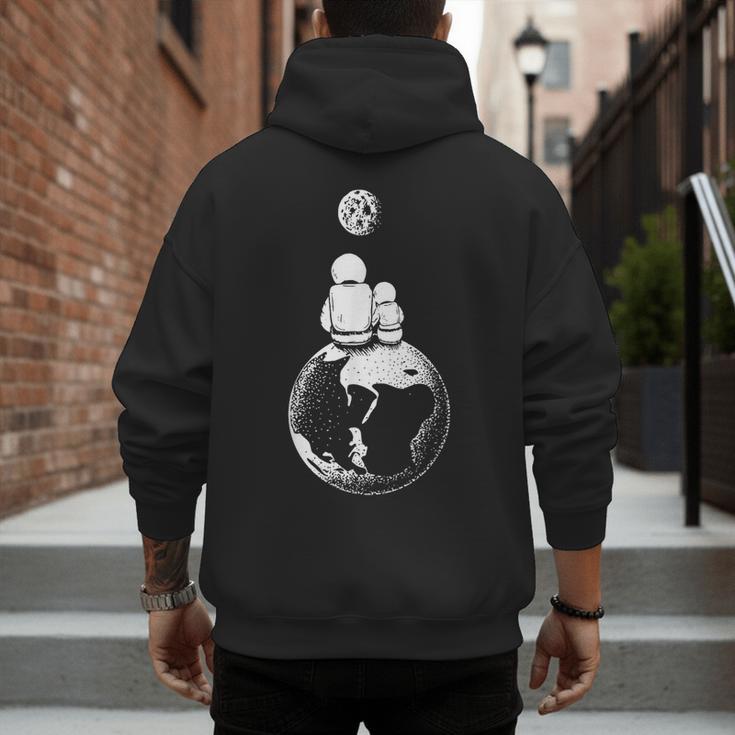 Moon And Astronaut Dad And Baby Space For Father's Day Men's Hoodie Back Print
