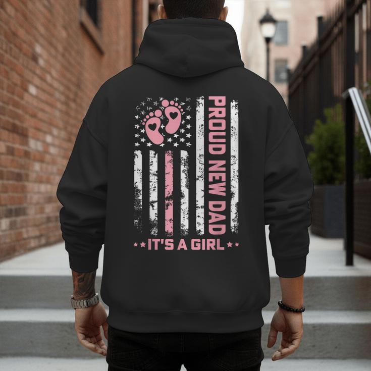 Proud New Dad New Girl Baby First Fathers Day American Flag Men's Hoodie Back Print