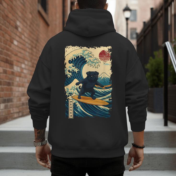Pug Japanese Kanagawa Wave Surfing Japan Mom Dad Kids Men's Hoodie Back Print Pug Japanese Kanagawa Wave Surfing Japan Mom Dad Kids Men's Hoodie Back Print