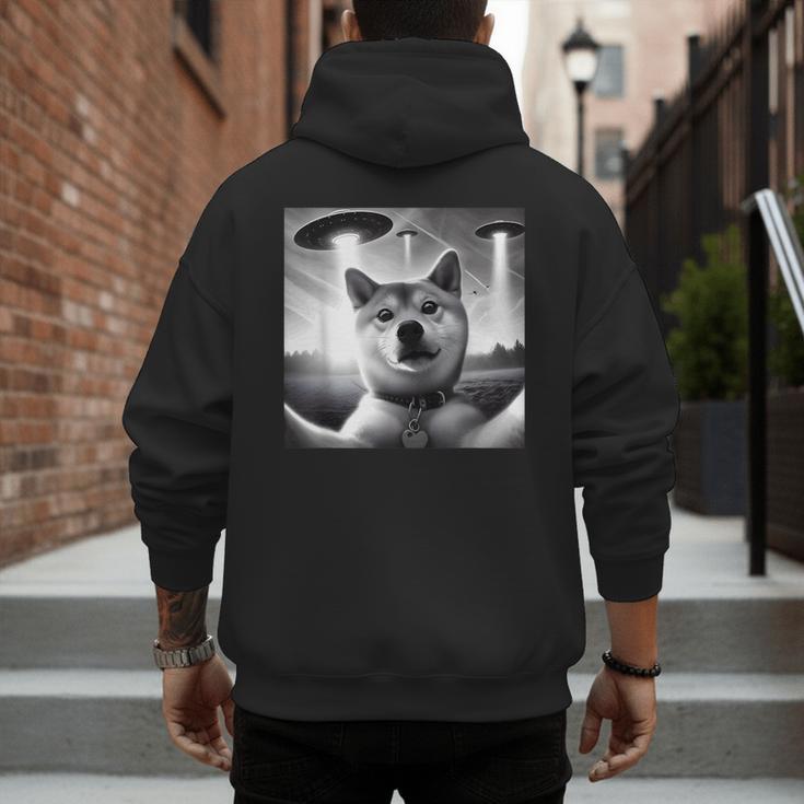 Shiba Inu Dog Dad Mom Graphic Selfie UFOs Weird Aliens Men's Hoodie Back Print