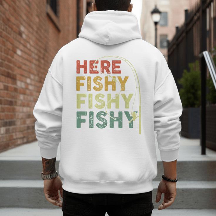 Fishing Here-Fishy Bass Fish Dad Men's Hoodie Back Print Fishing Here-Fishy Bass Fish Dad Men's Hoodie Back Print