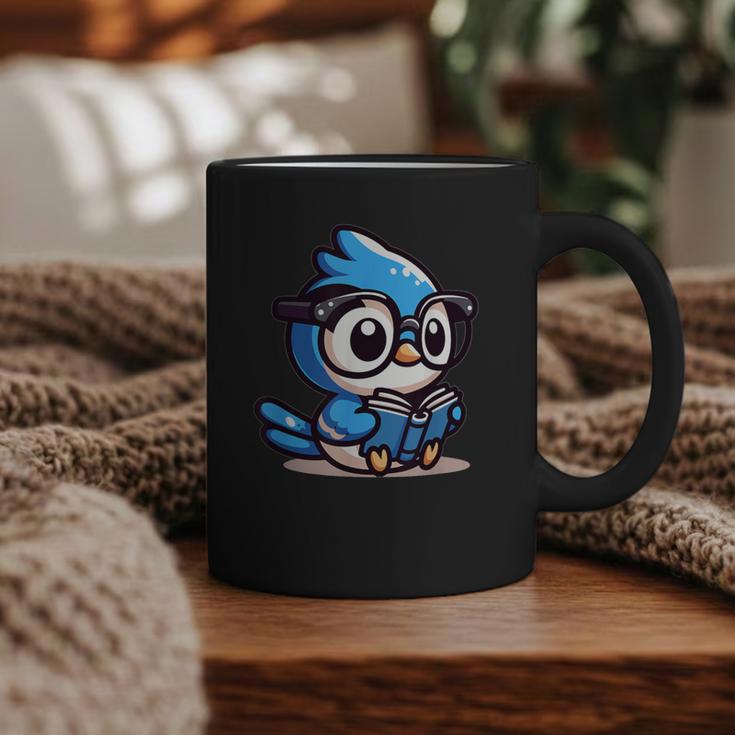 Adorable Book Lover Blue Jay With Reading Glasses Cute Graphic Print Coffee Mug